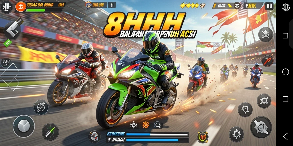 Screenshot gameplay 8HHH menunjukkan balapan motor yang memacu adrenalin.