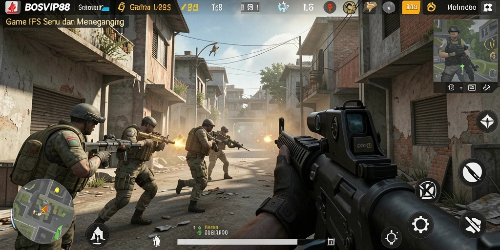 Screenshot gameplay <strong>BOSVIP88</strong> menunjukkan aksi tembak-menembak yang mendebarkan.
