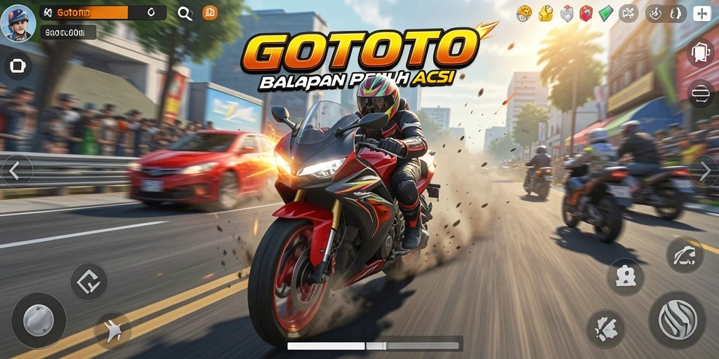 Screenshot gameplay GOTOTO menampilkan aksi balapan motor yang mendebarkan.