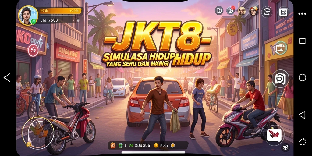 Screenshot gameplay JKT8 menunjukkan interaksi karakter dalam lingkungan virtual.