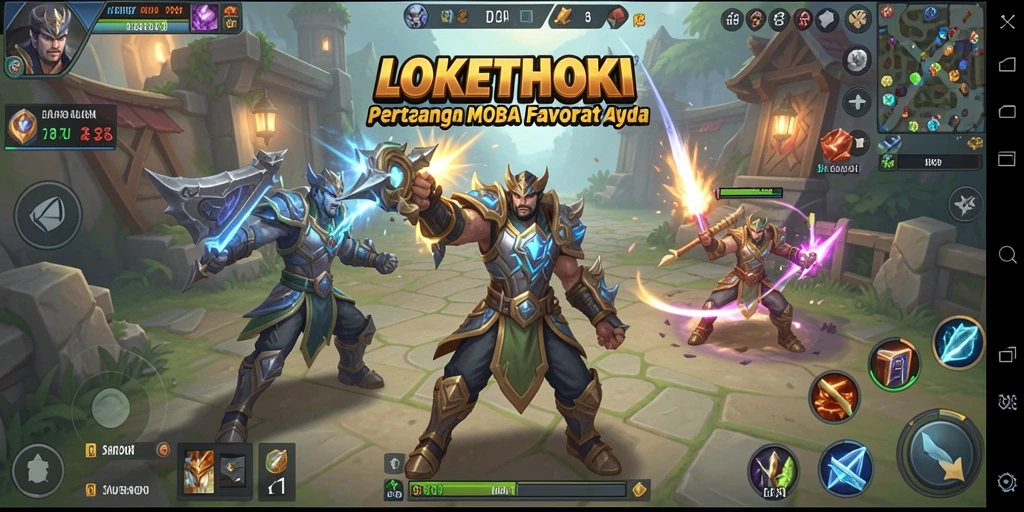 Screenshot LOKETHOKI menunjukkan pertarungan dinamis dalam arena MOBA.