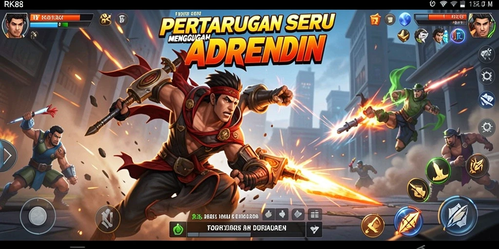 Screenshot gameplay RK88 menampilkan pertarungan yang intens dan karakter yang kuat.