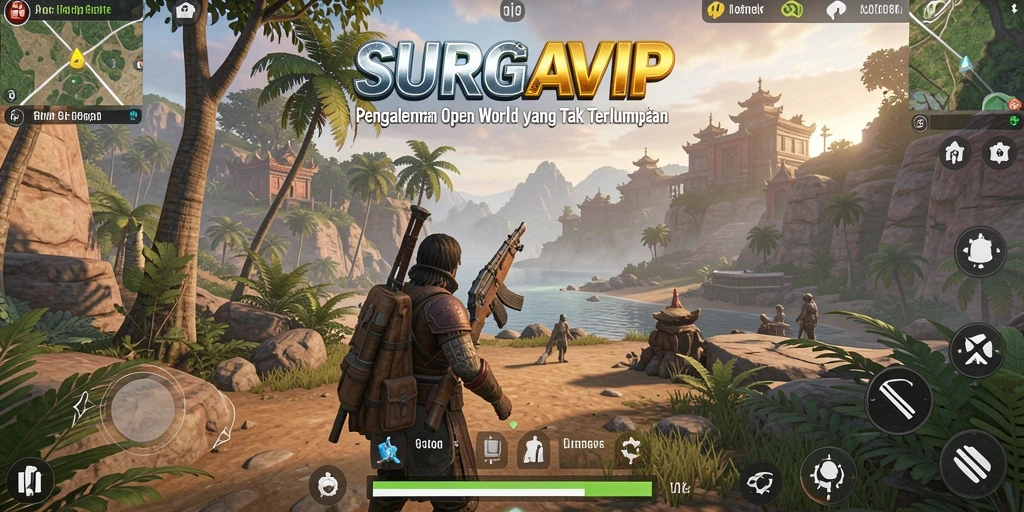 Tangkapan layar gameplay SURGAVIP yang menampilkan eksplorasi dunia terbuka.