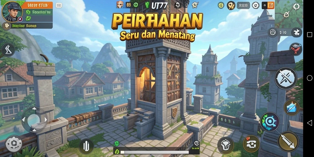 Screenshot UT77 menampilkan gelombang musuh dan menara yang strategis.