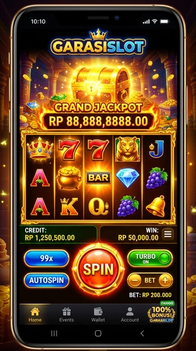 Tampilan utama aplikasi garasislot dengan menu navigasi yang mudah.